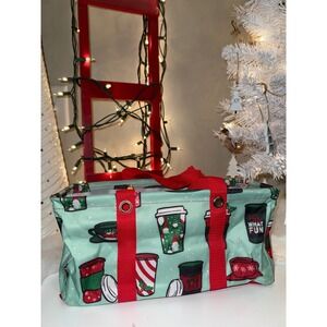 Thrity-One Christmas Coffee Cup Print Storage Tote Bag Red Handles Green Holiday